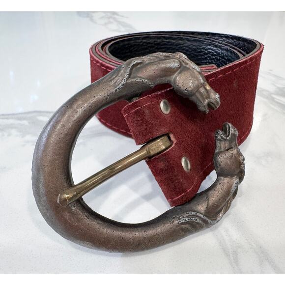 None Accessories - Vintage Double Horse Head Metal One Size Belt Buckle 3" / 33" long belt